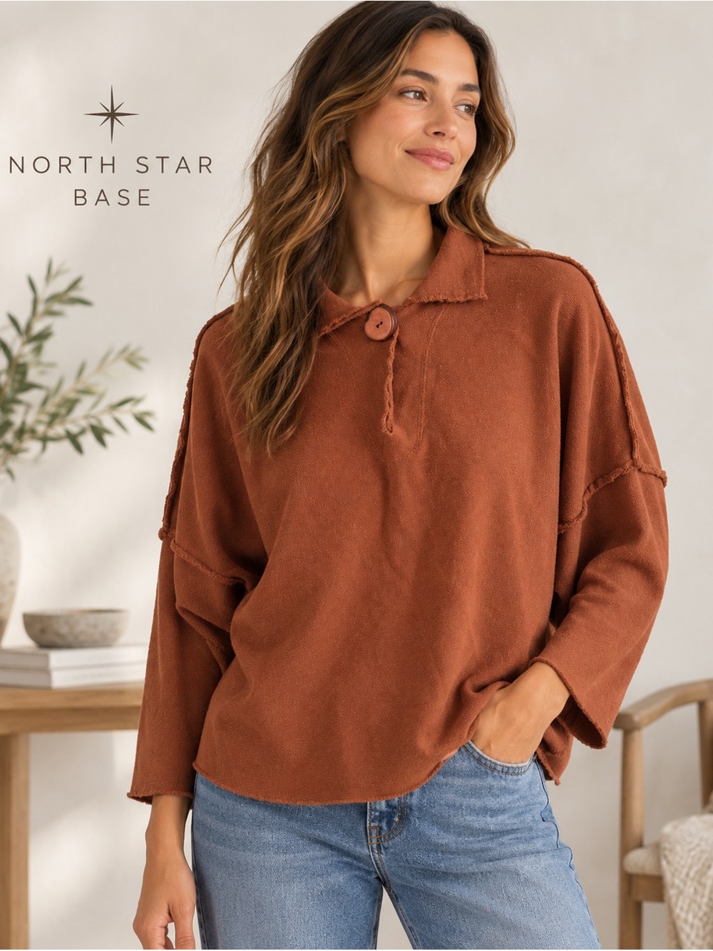 North Star Base Women’s M Rust Raw Edge Cotton Pullover Horn Button Lagenlook US